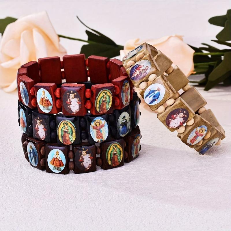 Wooden Rosary Bracelet - Elegant Religious Icon Stickers, Drip Oil Finish, Spiritual Beaded Prayer Jewelry For Devotional Wear