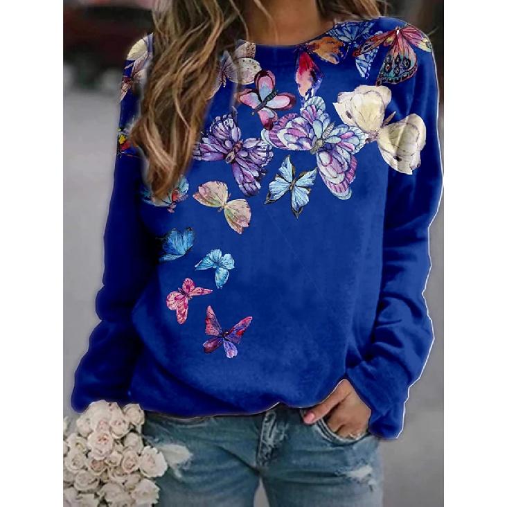 Neuer Herbst- und Winter Damen Floral Schmetterling Tierdruck Rundhals Kurz Langarm Hoodie