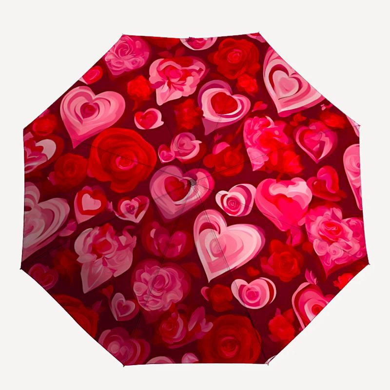 

1pc Heart Roses Pattern Automatic Folding Umbrella - Portable Collapsible 8-Rib Umbrella for All Seasons yy251119202