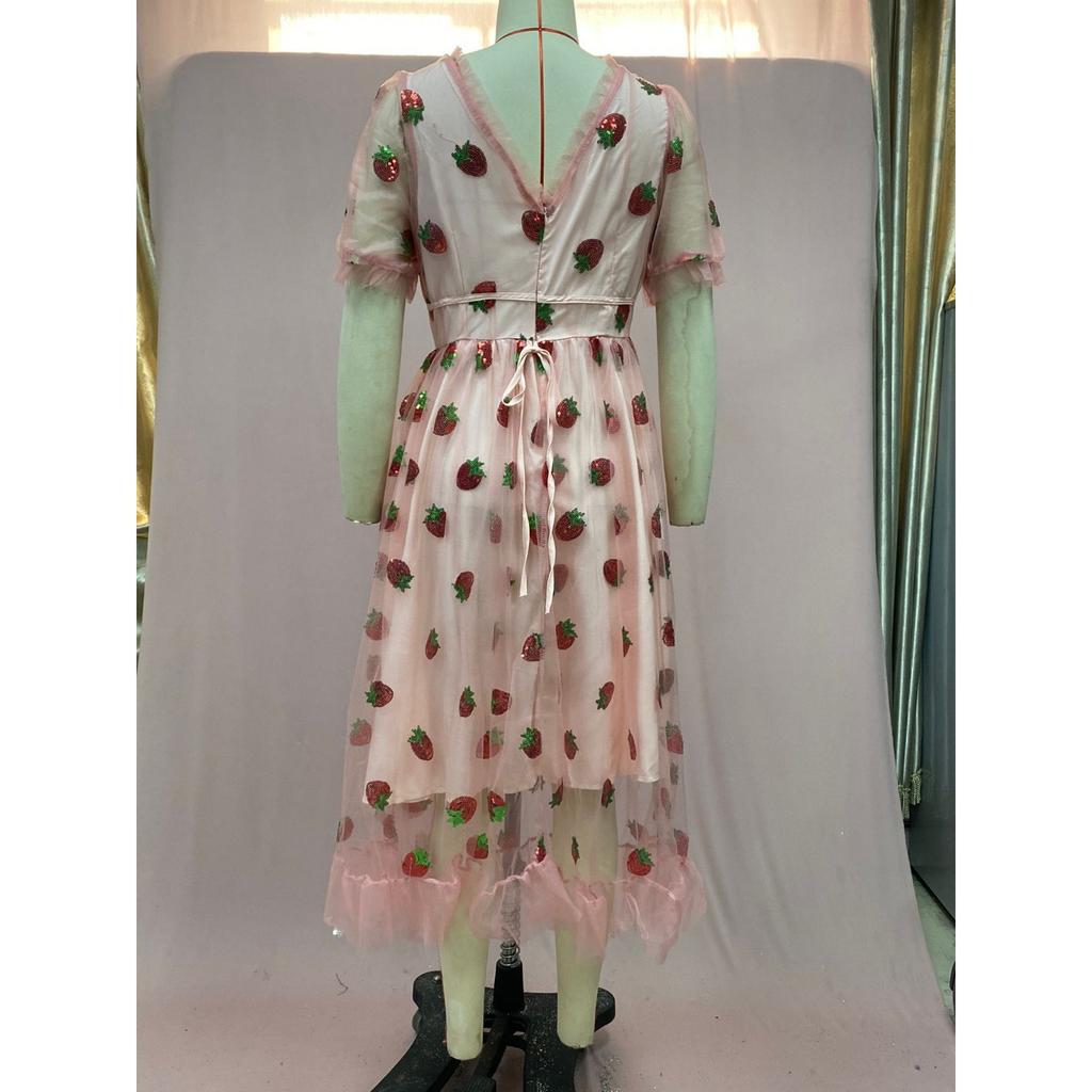 Damen Abendkleid mit Erdbeer-Pailletten-Verzierung, V-Ausschnitt Tüll Schnürung Langes Kleid, Elegantes Sexy A-Linien Ballkleid mit Fließendem Rock