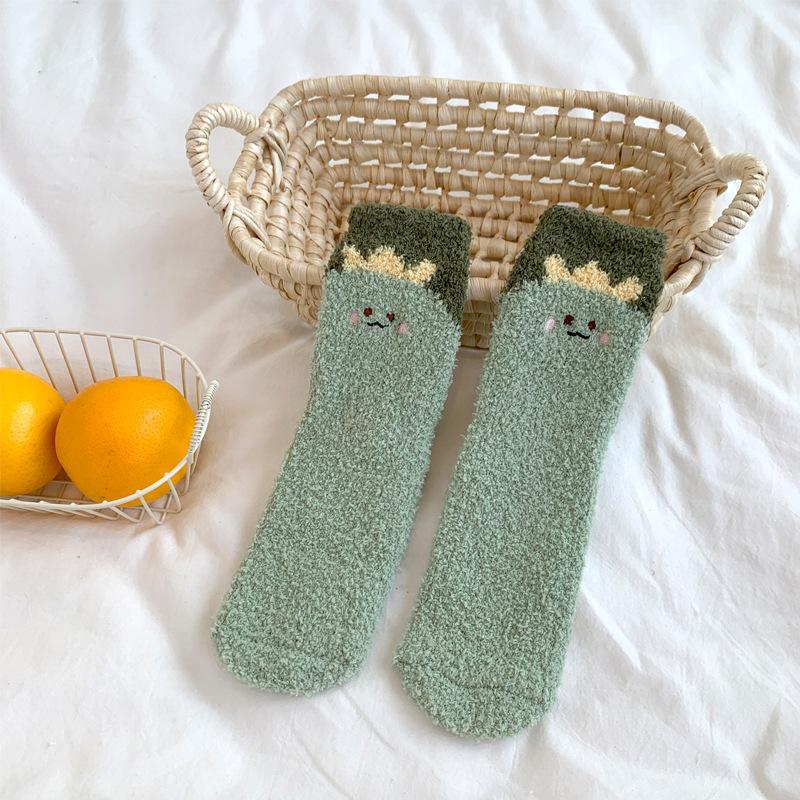 Winter Coral Fleece Socks Female Cartoon Cute Plush Thickened Sleeping Socks Female Medium Tube Floor Confinement Socks Female
