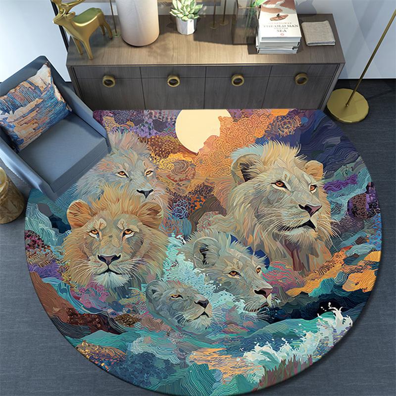 Lion Round Area Rug,Carpet Rug for Living Room Bedroom Sofa Playroom Decor,Non-slip Floor Mat