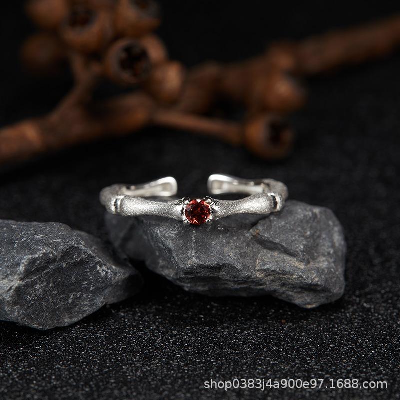 S925 Sterling Silver Brushed Natural Colored Treasure Bamboo Joint December Birthstone Ring Niche High-End Index Finger Ring