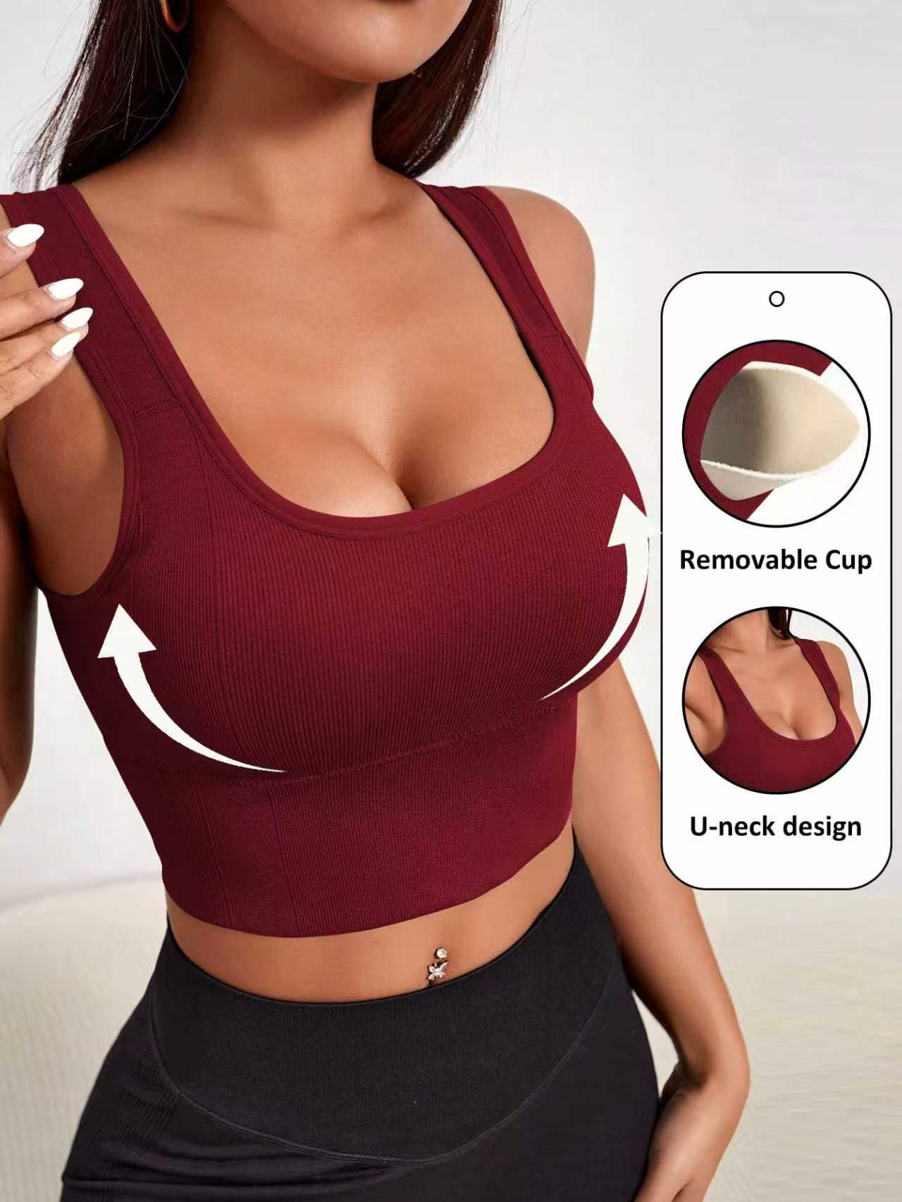 Женский бордовый бесшовный спортивный топ U-образной формы со съемными чашечками, размер S-XL S бордовый
