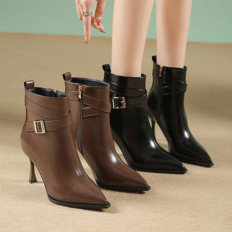 Thin heel Martin boots women's autumn and winter beautiful short boots design sense belt buckle pointed side zipper high heel boots