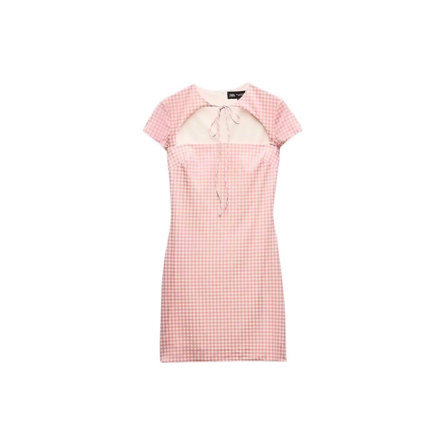 ZARA Women s Pink White Plaid Bow Detail Fitted Short Sleeve Mini Dress 2861206-046 S