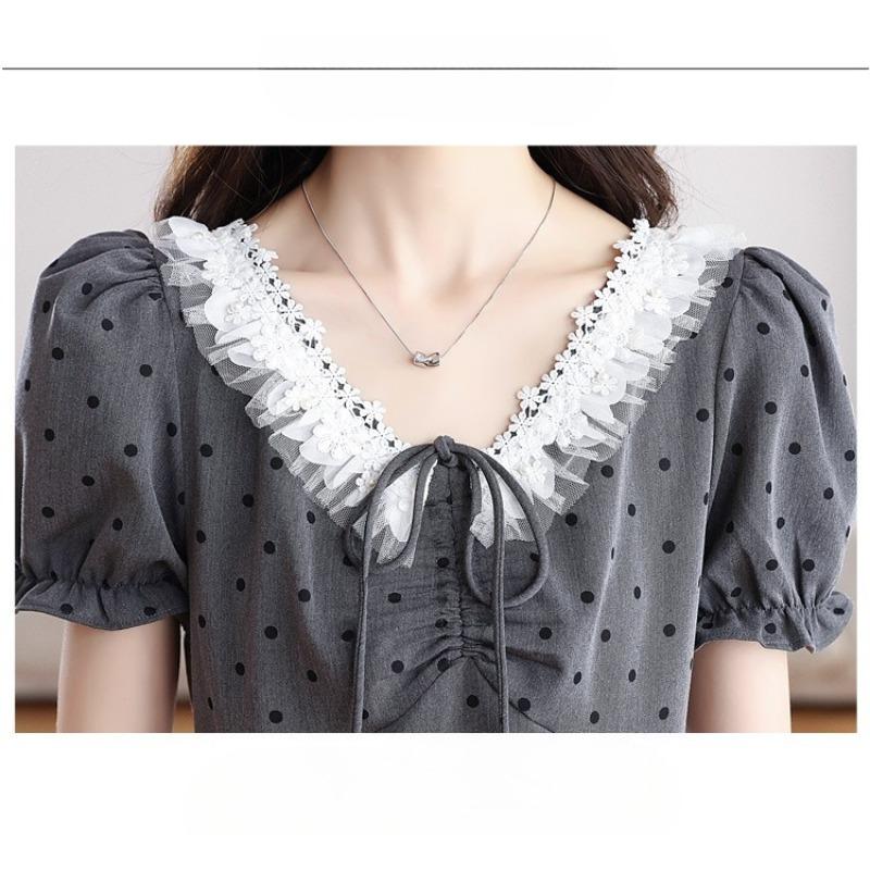 Summer Gray Dress for Women High Waist Breathable Pear Shaped Waist Design Polka Dot Dress Fashion