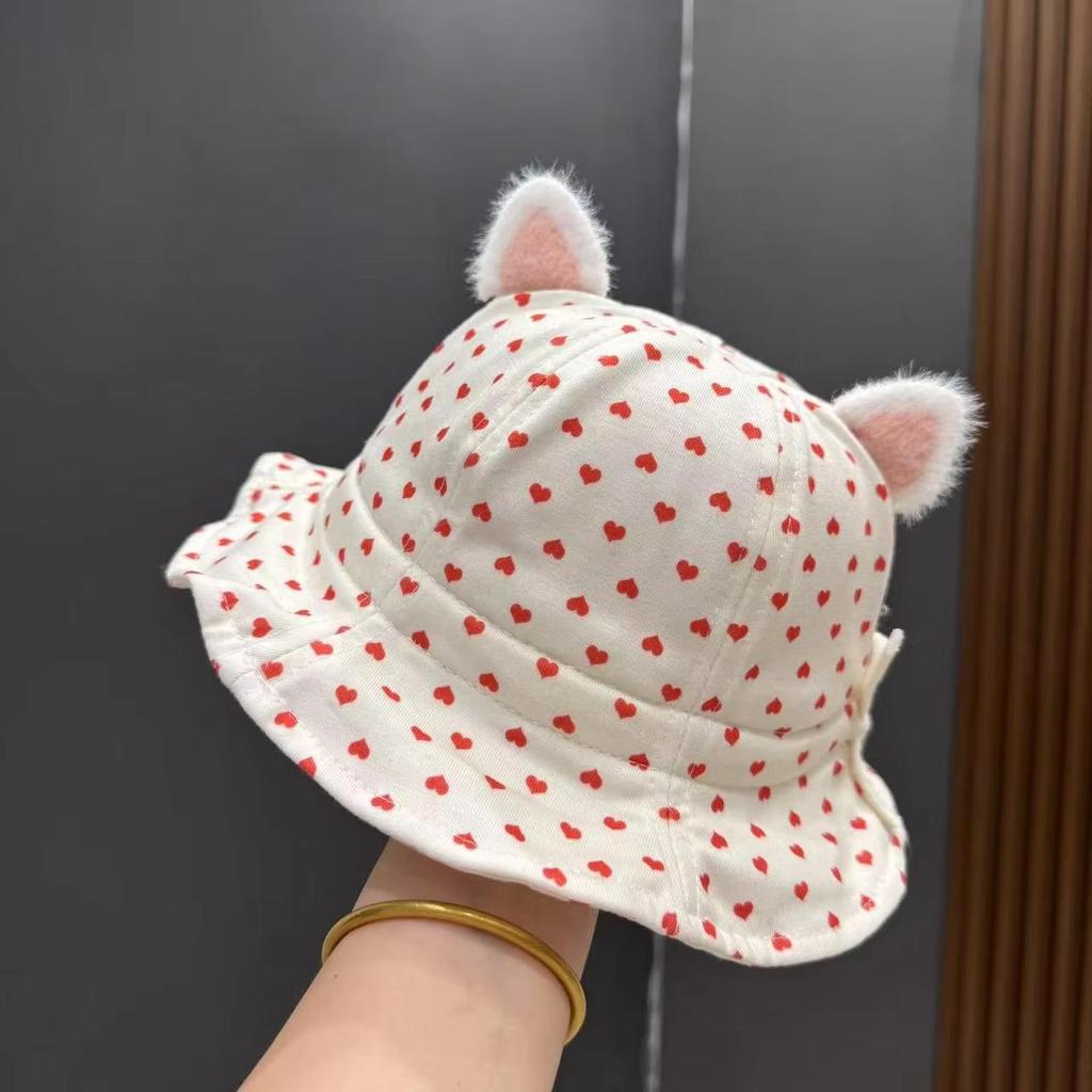 Niedlicher Blumenpunkt Schleifendruck Baby Bucket Hat mit Ohren Sommer Baumwolle Kleinkind Mädchen Fischerhut Outdoor Säugling Sonnenschutz Kappen