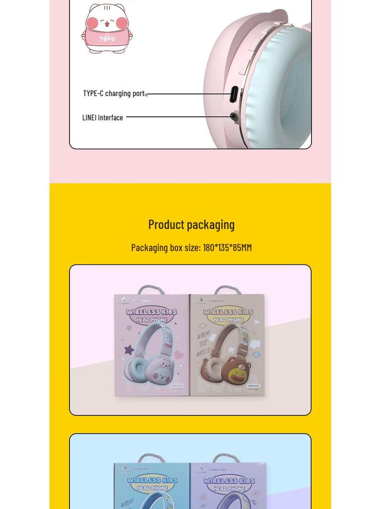 Women's Cartoon Wireless Bluetooth Over-Ear Headphones - Stereo Sound, Long Battery, 85dB