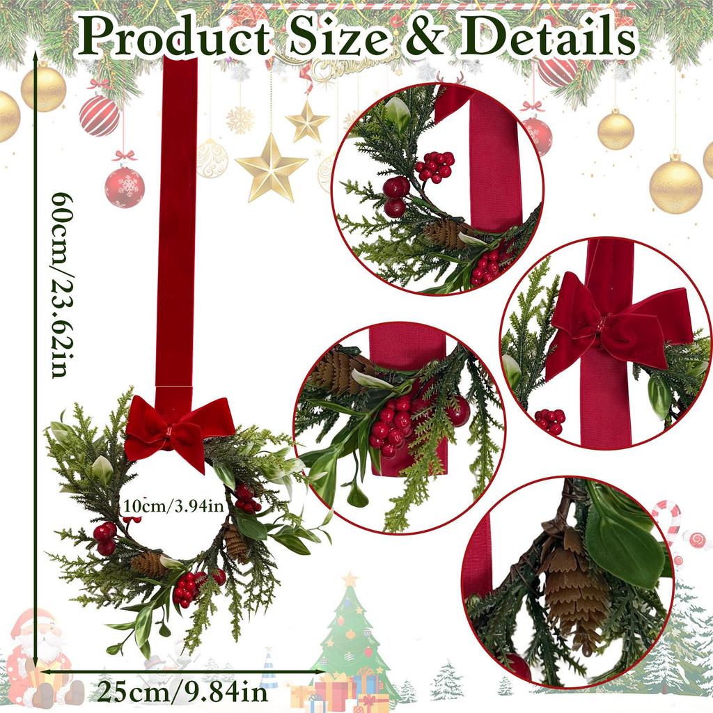 Christmas Wreath Door Hanger with Pine Needles, Red Berries, and Bow - Festive Decoration Ornament