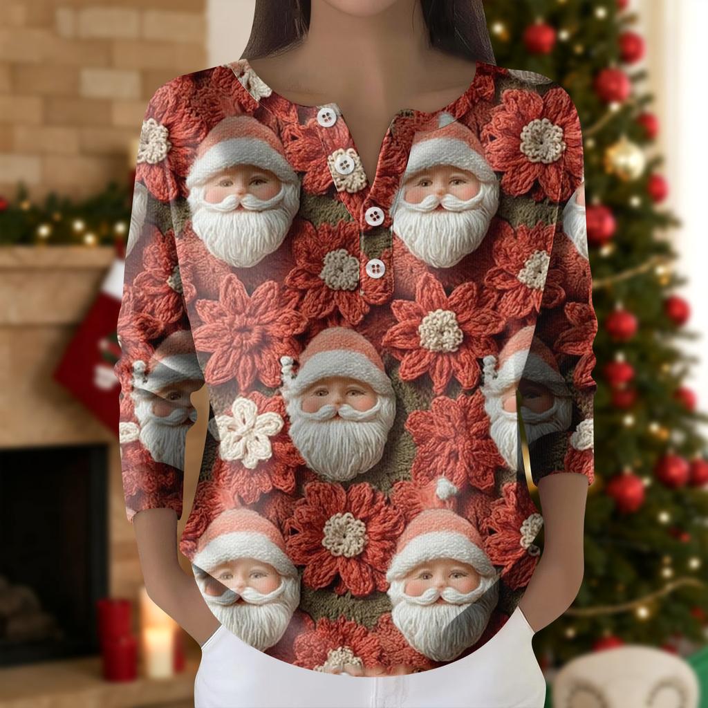 Women's Fashion Long Sleeve Christmas Snowflake Print Top Elegant Casual Top