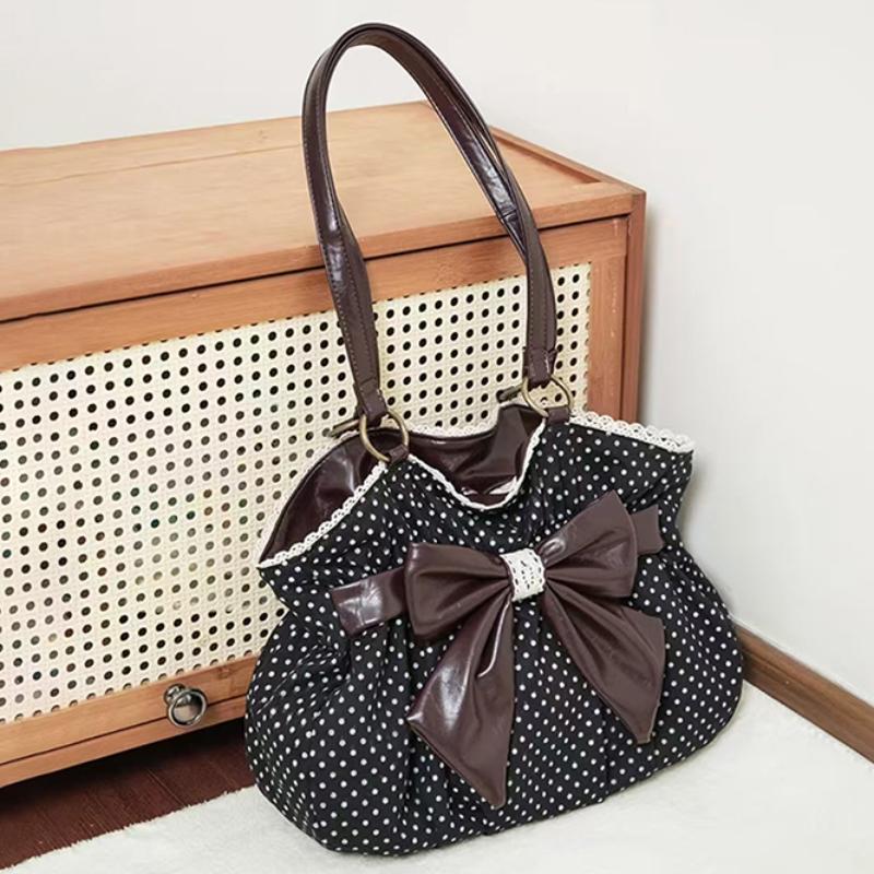 Retro Polka Dot Y2k Umhängetasche Koreanischer Stil Marken Design Süß Einfach Pendlertasche Neu Mit Schleife Farbblock Spitze Leinwandtasche