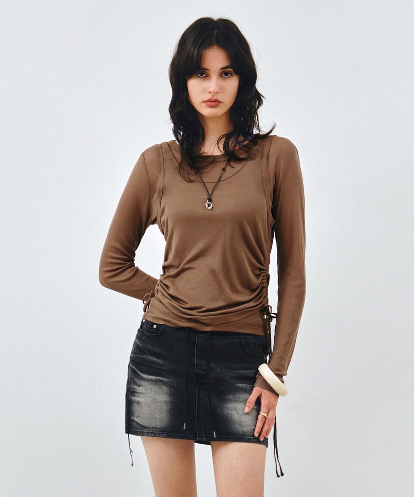 MONGDOL [Set] Side Shirred Layered T-Shirt Mocha Brown Mdts067Mochabrown