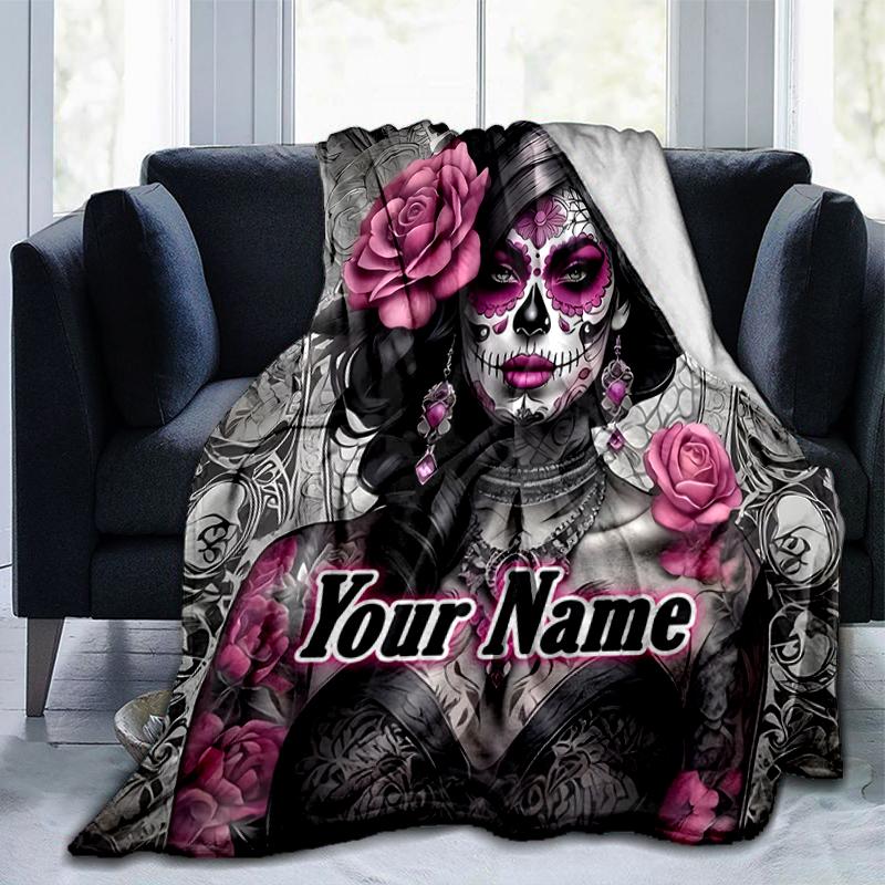1PC Custom Name Day Dead Art outdooor Flannel blankets Throw Blanket All-Season Throw Gift Bedspread for Couch, Bed, Camping Holiday Birthday gift