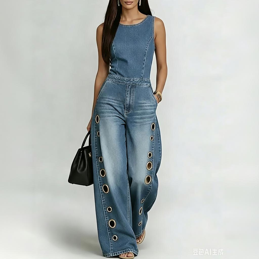 Tuta di Jeans Senza Maniche da Donna Gamba Larga Vestibilità Larga Scollo Rotondo Romper Casual con Quattro Tasche e Dettagli Occhielli Metallici