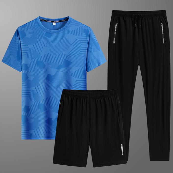 Leisure Sports Short Sleeved T-shirt, Long Pants, Ice Silk Set, Men's Summer Three Piece Set