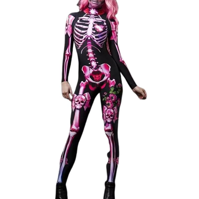 Women Halloween Party Costume Turtleneck Skull Print Long Sleeve Jumpsuit Outfit Scary Skeleton Bodysuit for Adults