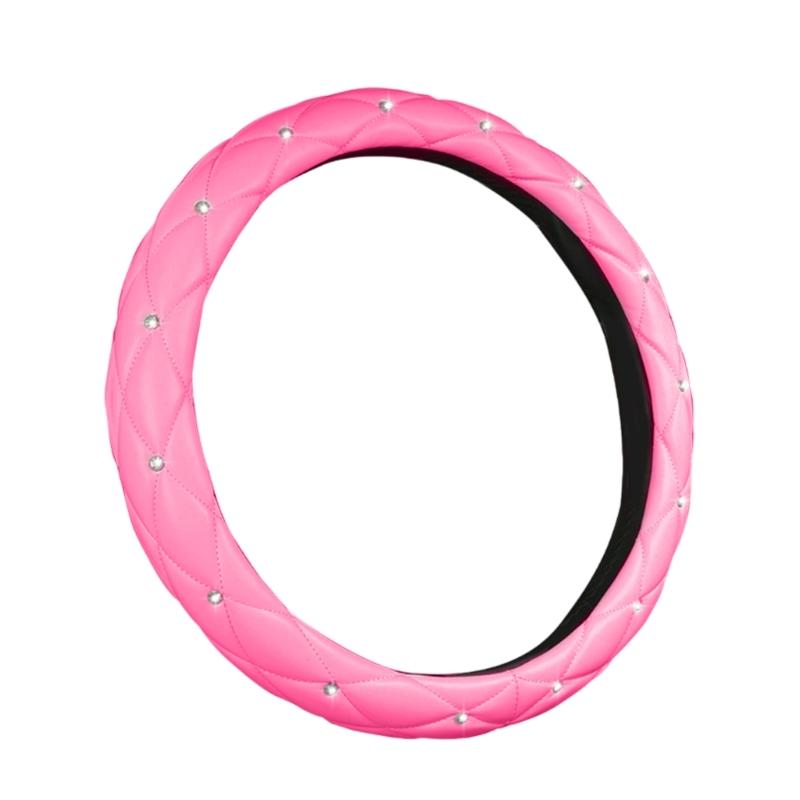 Leather Steering Wheel Cover Featurings Sparkling Rhinestones Studs for Enhanced Driving Comfort and Antislip
