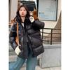 Glossy black and gold down jacket women's short model, new fashion niche design sense thickened hooded winter