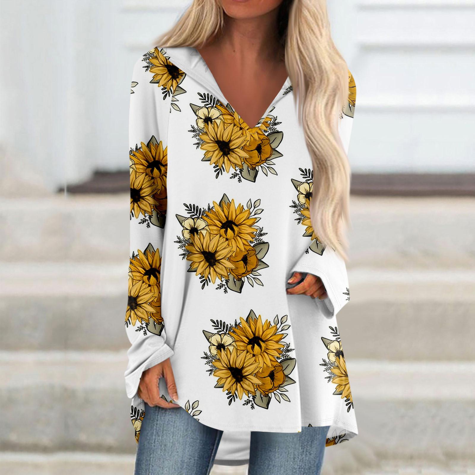 Женские свободные топы с V-образным вырезом и капюшоном с длинными рукавами — фото 8