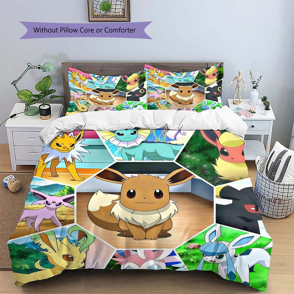 Eevee Pattern Bedding Quilt Set  Home Decoration  Gift (1 * duvet cover + 2 * pillowcase  without core)