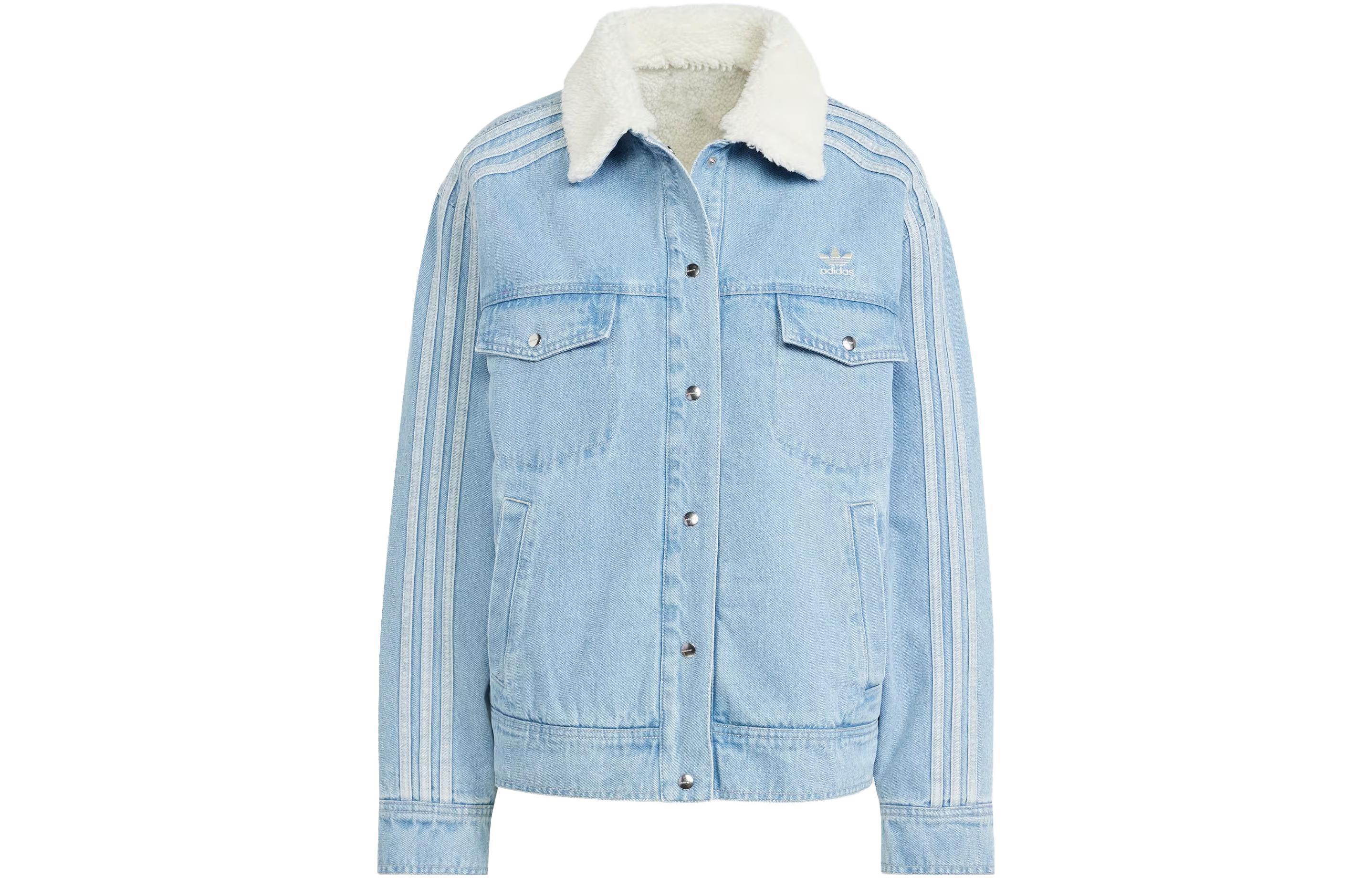 

Adidas Originals Hot Girl Collection Denim Jackets Women s Light Blue Square Collar Thickened And Fleece Lined Straight Fit IS5250 S