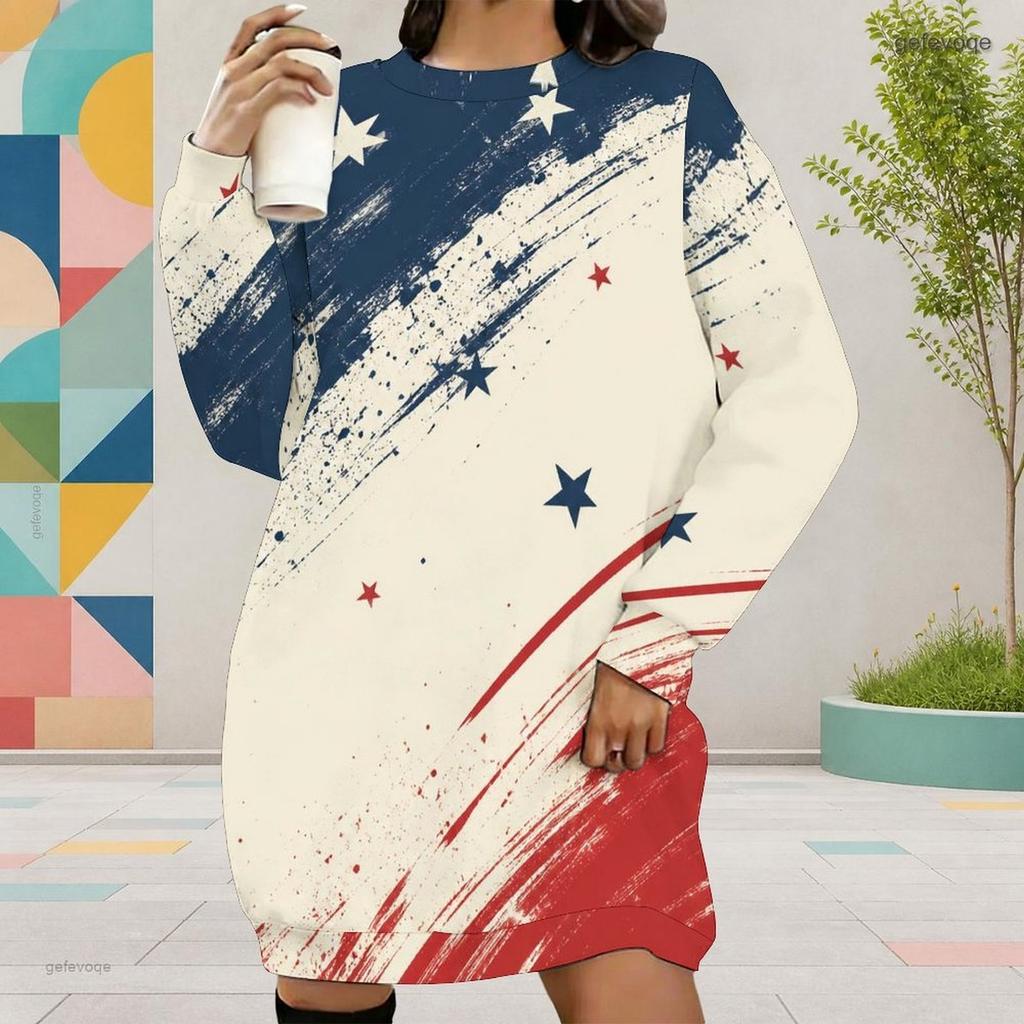 Women Plus Size Round Neck Long Sleeve American Eagle Printed Sweatshirt Mini Dress