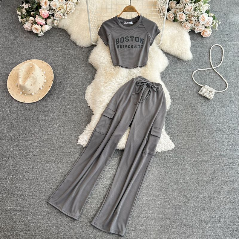 

Crop Top Letters Print Casual Pants Fashion Suit Dark gray One size