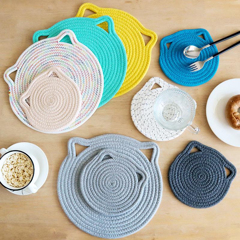 Insulation mat Cat ear placemat Hangable cotton rope mat