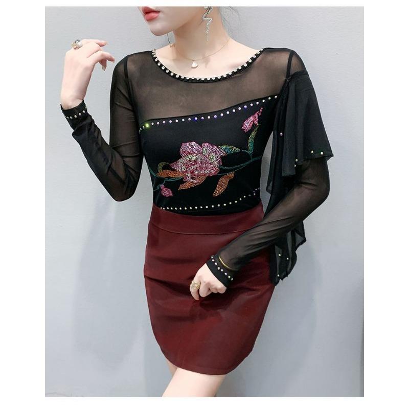Spring and Autumn Round Neck Sexy Mesh T-Shirt Women's Long Sleeve Lotus Le Slim Top Bottoming Shirt