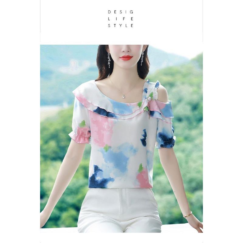 Sommer Neues Koreanisches Stil Chiffon Hemd Kurzärmelige Bluse Bedruckt Mode Locker Blumen Top