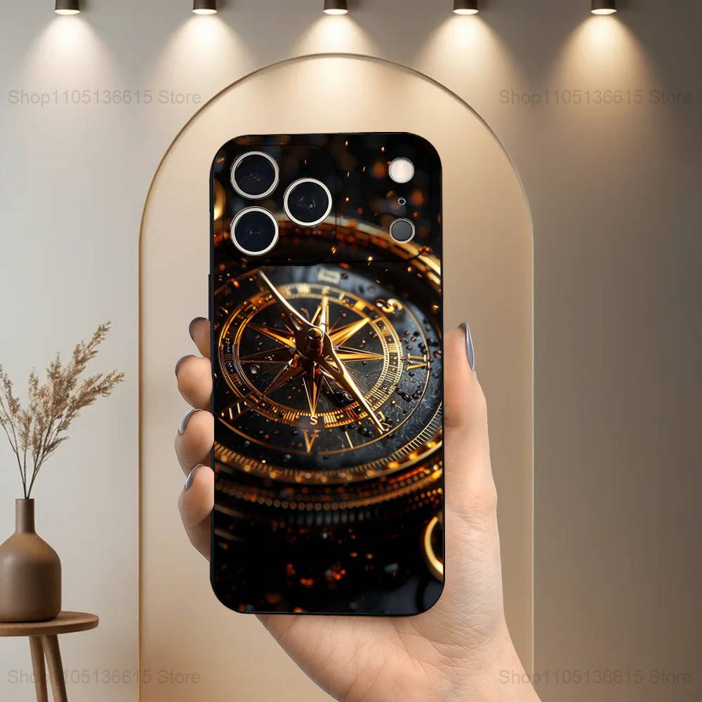 Art Navigation Compass For iPhone 13,17,11,12,16,14,15,Plus,Pro Max,XS,X,XR,SE,Mini,8,7,Soft Silicone Black Phone Case