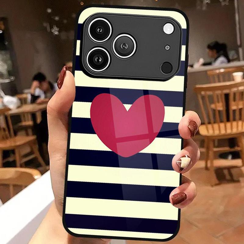 Creative Striped Heart Pattern Tempered Glass Phone Case For iPhone 17 16 15 Pro Max 14 13 12 11 17 Air 7 8 Plus XR XS X Cover