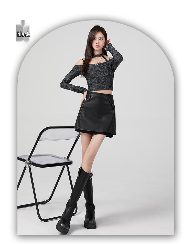 T98 Brown High-Waisted Leather Midi Skirt - Retro Distressed Style for Autumn/Winter