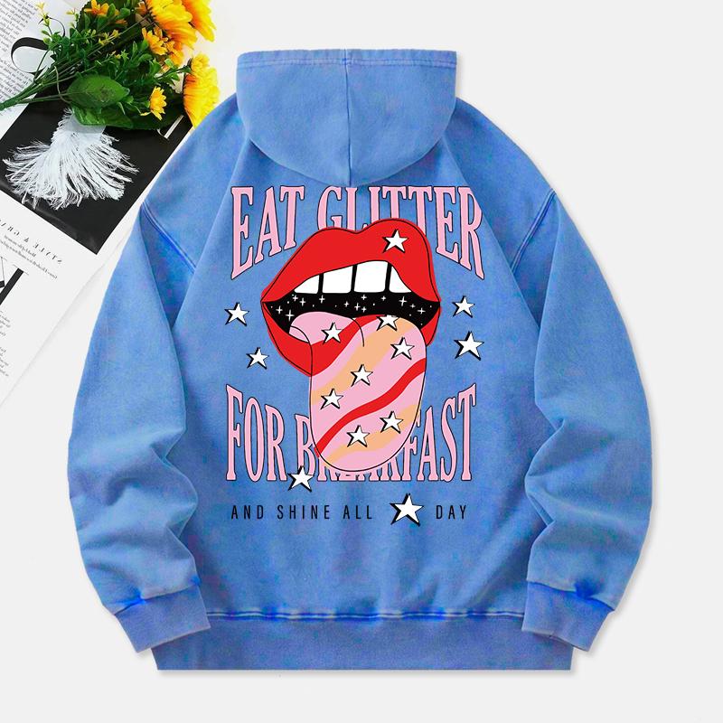 Lips And Stars Washed Hoodies Womens Red Printing Cotton Streetwears Distressed Pocket Oversized Womans Clothes