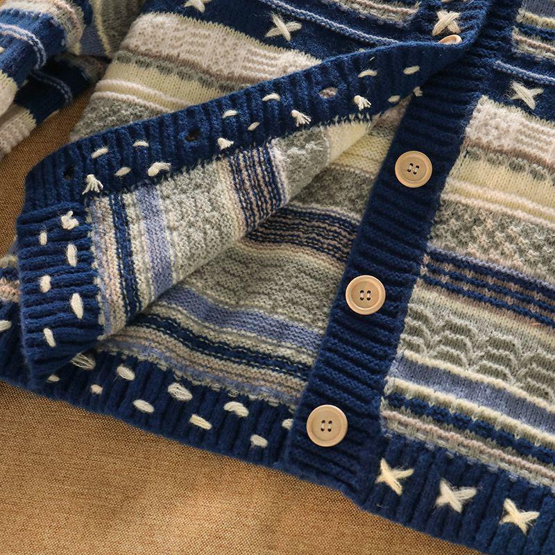 Chic Women's Vintage Color Block Knit Cardigan & High Waist Jeans Set for Autumn/Winter