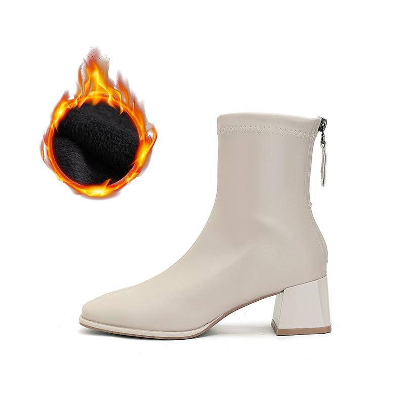 Schmale Damenstiefel mit dicker Sohle und vielseitigem quadratischem Zehenbereich für den Weg zur Arbeit und Reißverschluss hinten, Kurzstiefel für Damen
