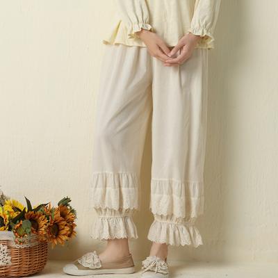 Mori Cotton Patchwork Lace Ruffles Women Pants Summer Vintage Solid Color Elastic Waist Ankle Length Pants