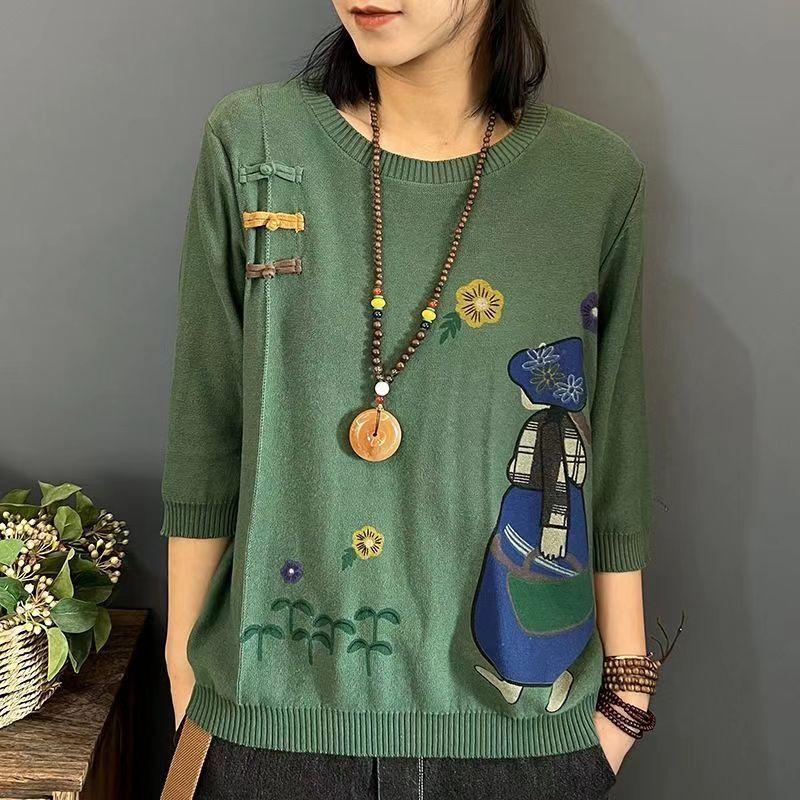 Retro Casual Knit Sweater Top Large Size Five-point Sleeve Spring and Autumn Round Neck Loose Bottoming Sweater