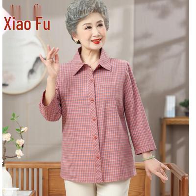 Elderly Women's Retro Plaid 3/4 Sleeve Button-Up Shirt