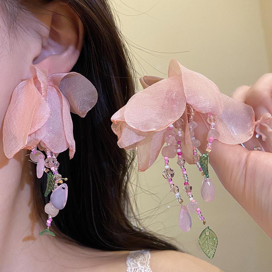 Pink Beaded Flower Tassel Necklace - Mori Style Gentle Spring/Summer Collarbone Chain for Women
