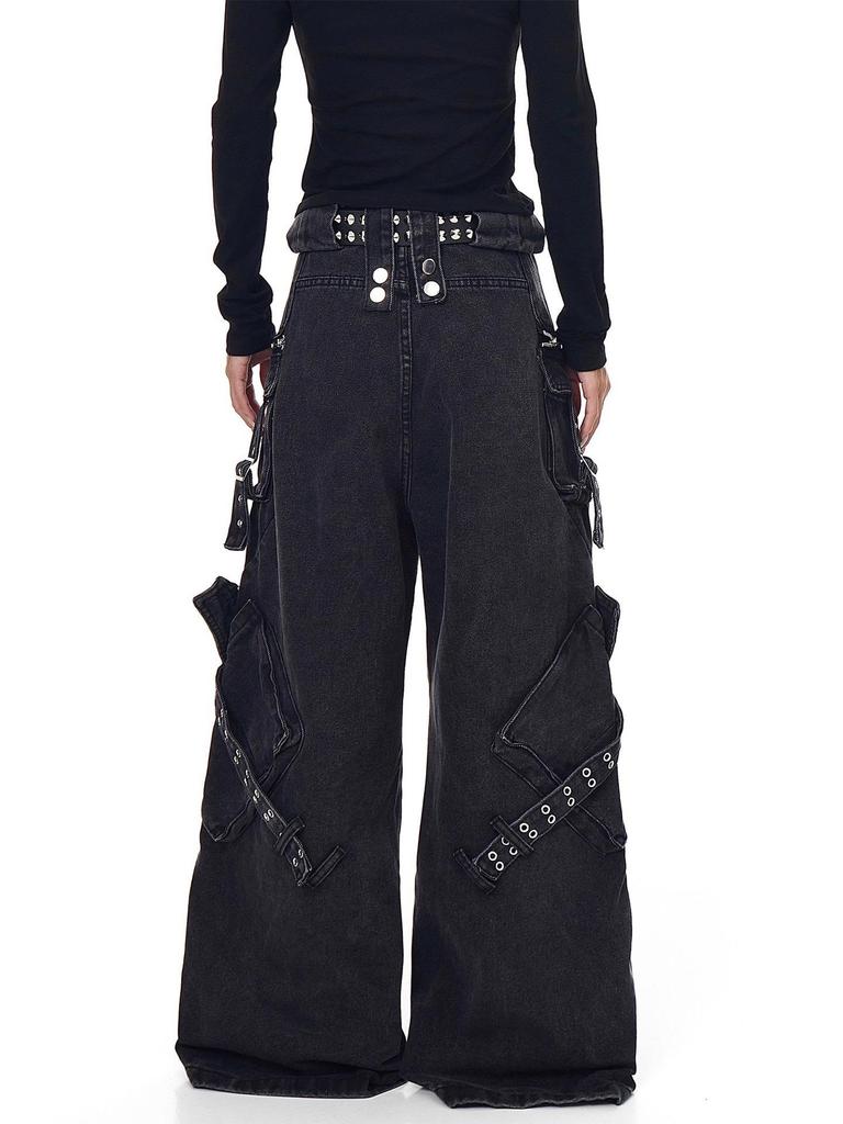 Jeans in Denim Punk Gamba Larga Y2K: Abbigliamento da lavoro resistente, multitasche per uomo e donna