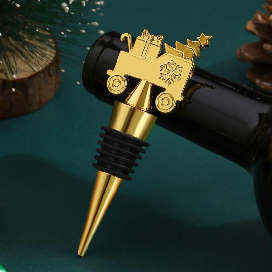 Decorative Wine Cork for Christmas Party Stopper with Silicone Ring, Stainless Steel Bottle Sealer, Snowflake/Car/Train/Elf Topper, Reusable Leakproof