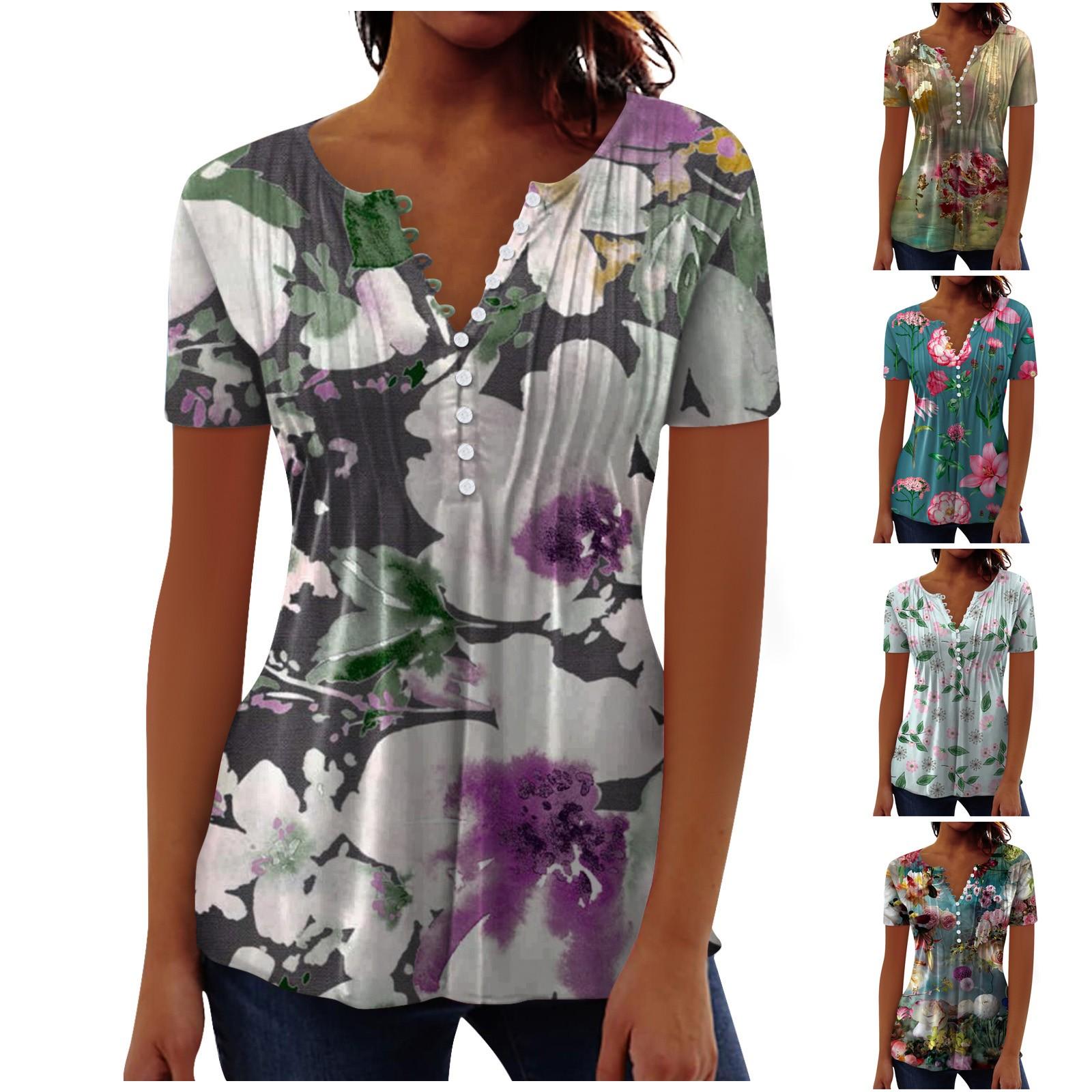 

Женская модная повседневная футболка с коротким рукавом с круглым вырезом и цветочным принтом, топ