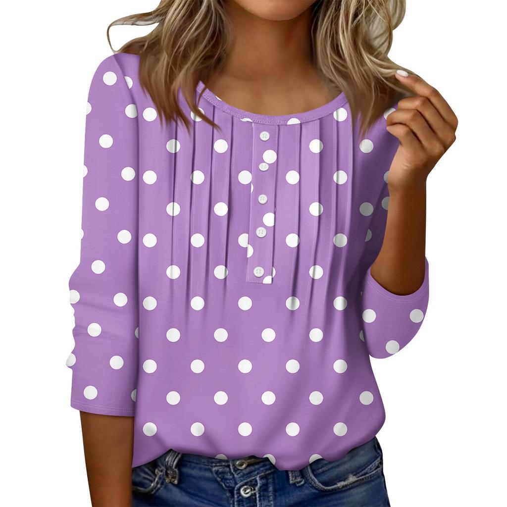 Women's Round Neck Pull Stripe Decorative Button Top Casual Solid Color 3/4 Sleeve T Shirt