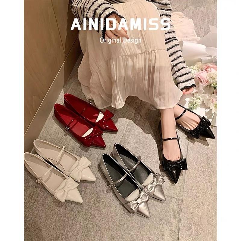 Modne francuskie płaskie buty Mary Jane z czubkiem i kokardką dla kobiet 2025 nowy styl retro płytkie eleganckie buty na co dzień
