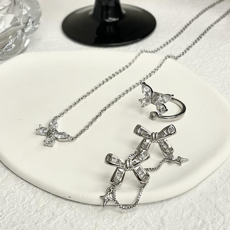 Niche Design Ring Cold Wind Slightly Inlaid Zircon Bow Necklace High-End Light Luxury Stud Earrings Set