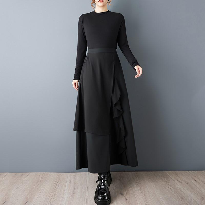 Schwarz Übergröße Vintage Hohe Taille Lässig Locker Frühling Sommer Herbst Weitbeiniger Rock Hose Damen Hose