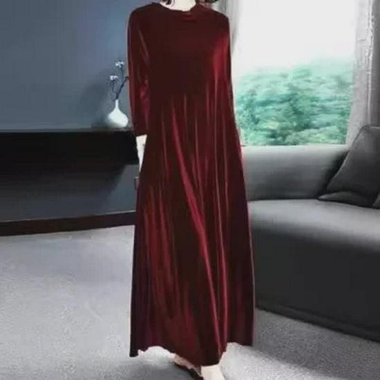 Women's Gold Velvet Knee-Length Long Dress - Autumn/Winter Collection