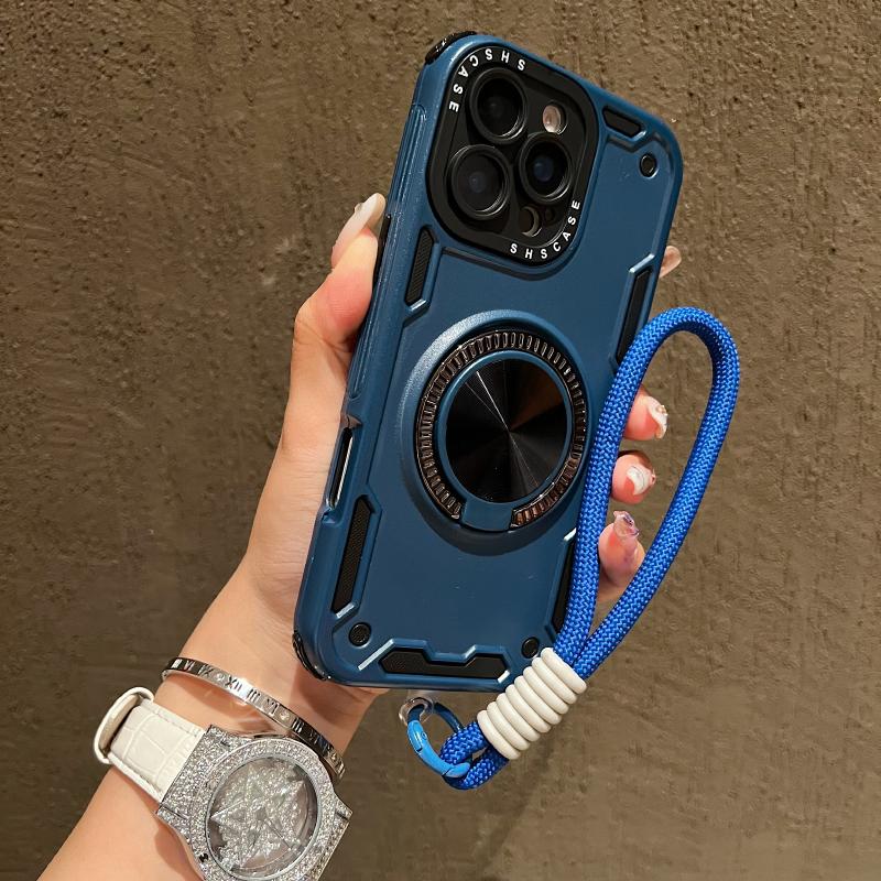For Magsafe Magnetic 360°Rotat Metal Car Bracket Ring Lanyard Phone Case For iPhone 16 Pro Max 14 11 12 13 15 Pro Max Back Cover